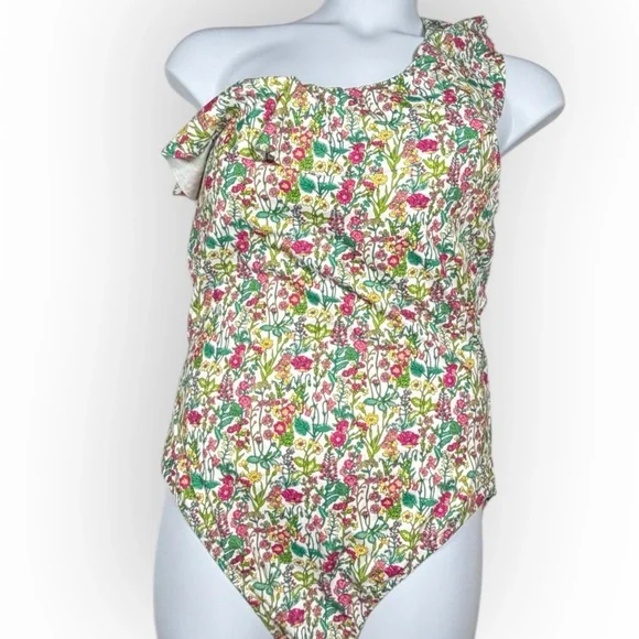J. Crew One-Shoulder Floral One Piece in Green and Pink flutter Liberty Sz 16‎ - Picture 5 of 14